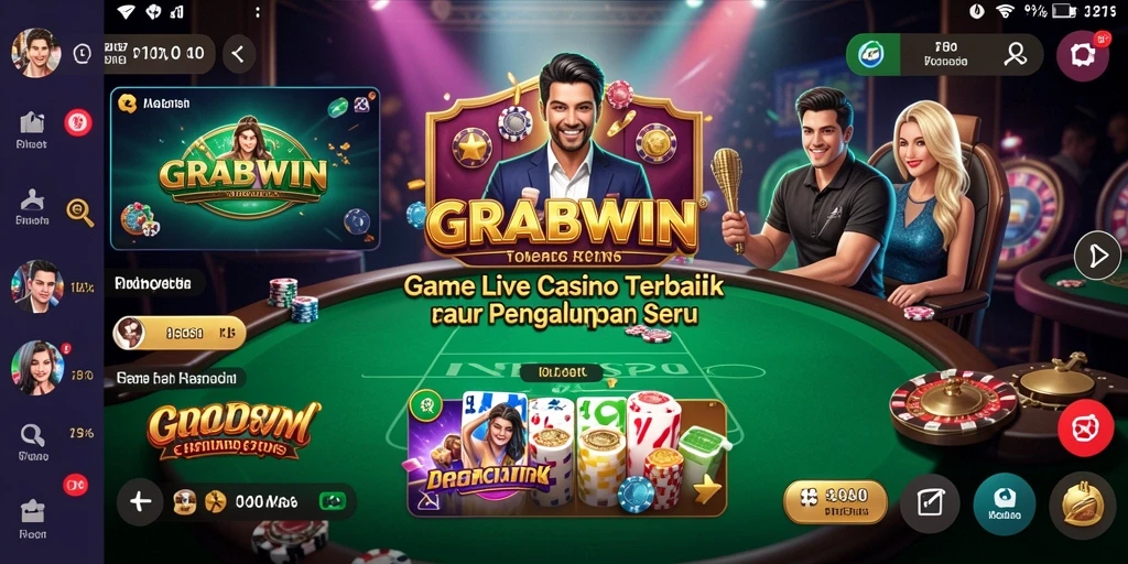 Screenshot gameplay GRABWIN menampilkan dealer live yang ramah dan suasana permainan yang mendebarkan.