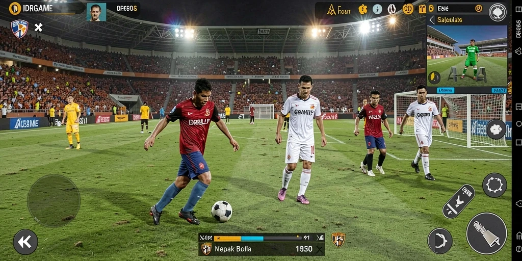 Tangkapan layar dari gameplay <strong>IDRGAME</strong> dengan aksi sepak bola yang mendebarkan.