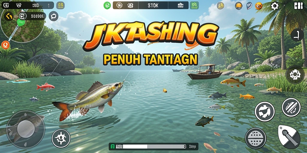 Tampilan gameplay JKTOK yang menampilkan aksi memancing yang mendebarkan.
