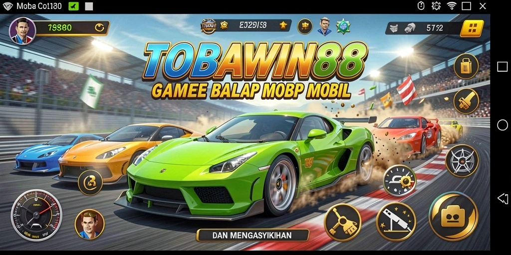 Tampilan gameplay seru dalam balapan mobil di TOBAWIN88.