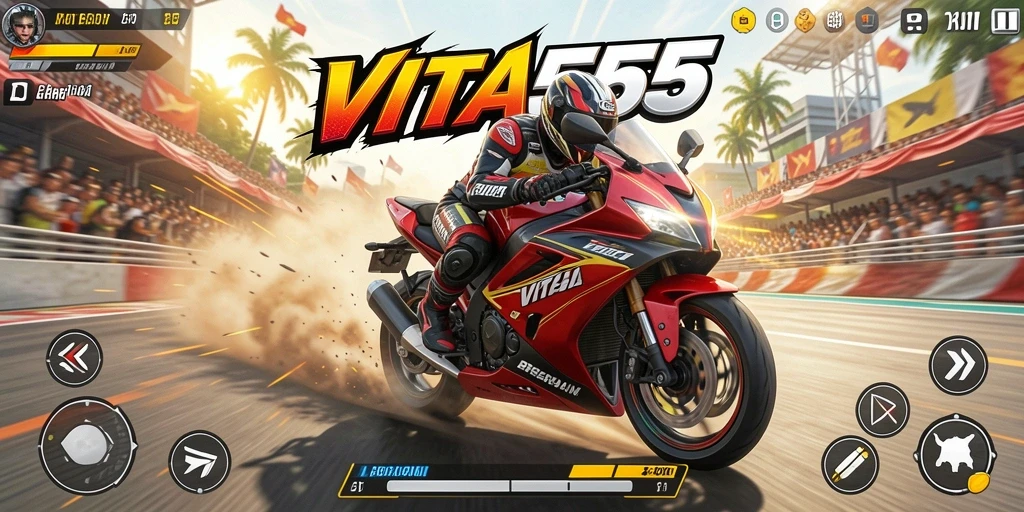 Tampilan gameplay VITA555 yang menegangkan saat balapan motor.